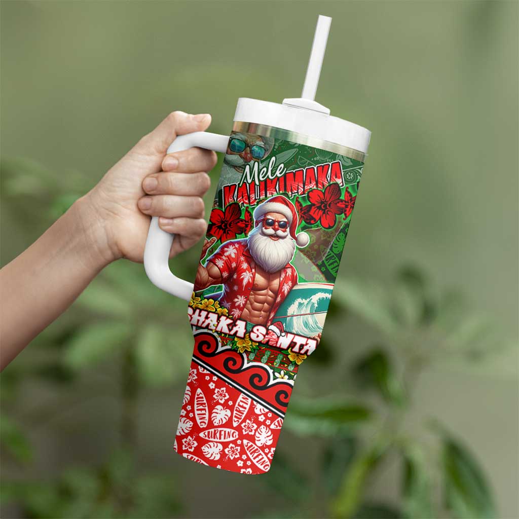 Mele Kalikimaka Shaka Santa Tumbler With Handle Hawaiian Surf Christmas Design with Aloha Spirit - Polynesian Pride