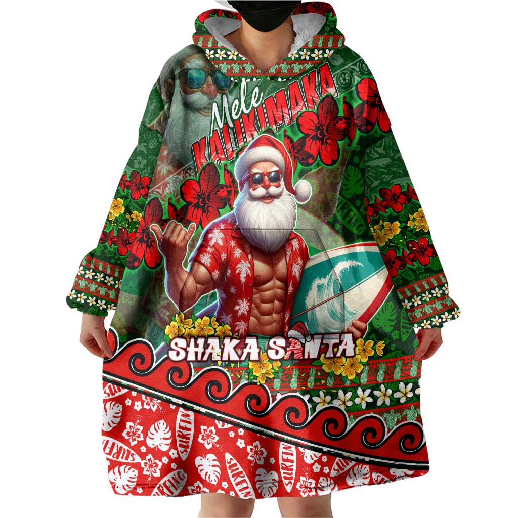 Mele Kalikimaka Shaka Santa Wearable Blanket Hoodie Hawaiian Surf Christmas Design with Aloha Spirit - Polynesian Pride