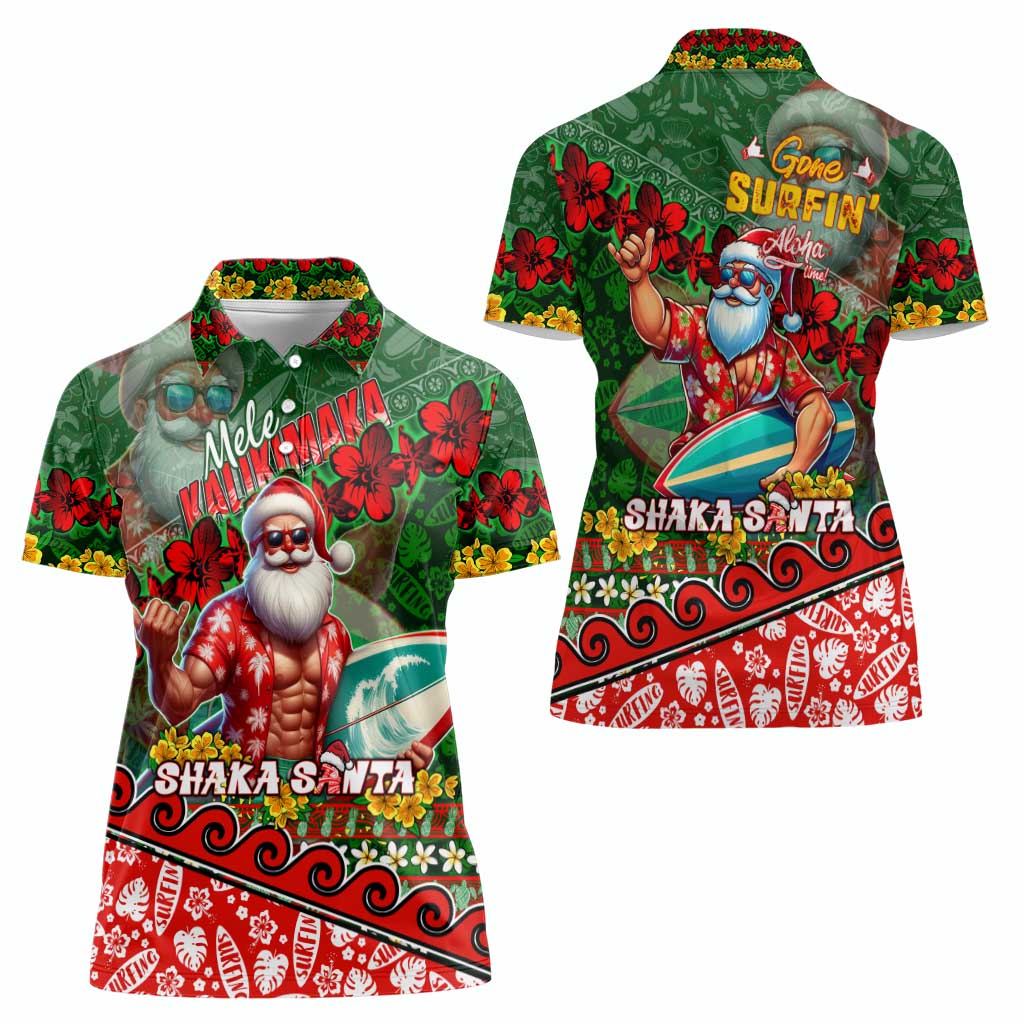 Mele Kalikimaka Shaka Santa Women Polo Shirt Hawaiian Surf Christmas Design with Aloha Spirit DT02 - Polynesian Pride