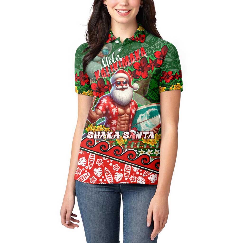 Mele Kalikimaka Shaka Santa Women Polo Shirt Hawaiian Surf Christmas Design with Aloha Spirit DT02 - Polynesian Pride