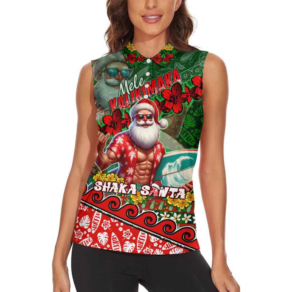 Mele Kalikimaka Shaka Santa Women Sleeveless Polo Shirt Hawaiian Surf Christmas Design with Aloha Spirit DT02 - Polynesian Pride
