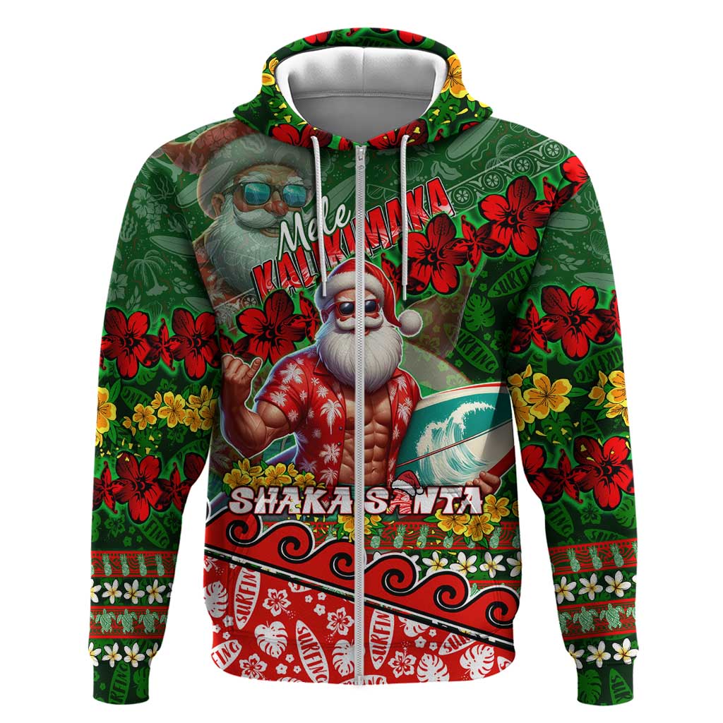 Mele Kalikimaka Shaka Santa Zip Hoodie Hawaiian Surf Christmas Design with Aloha Spirit DT02 Zip Hoodie Green - Polynesian Pride