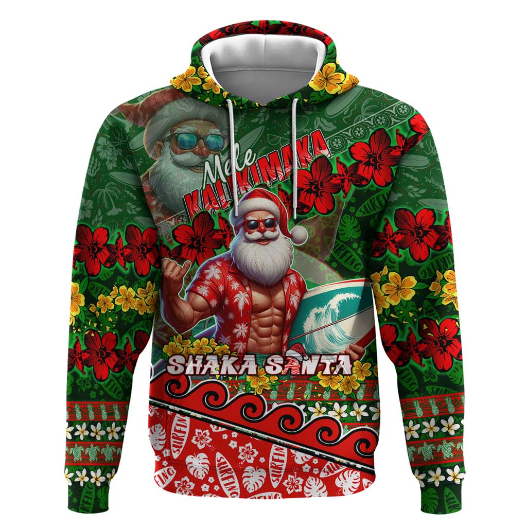 Mele Kalikimaka Shaka Santa Zip Hoodie Hawaiian Surf Christmas Design with Aloha Spirit DT02 Pullover Hoodie Green - Polynesian Pride