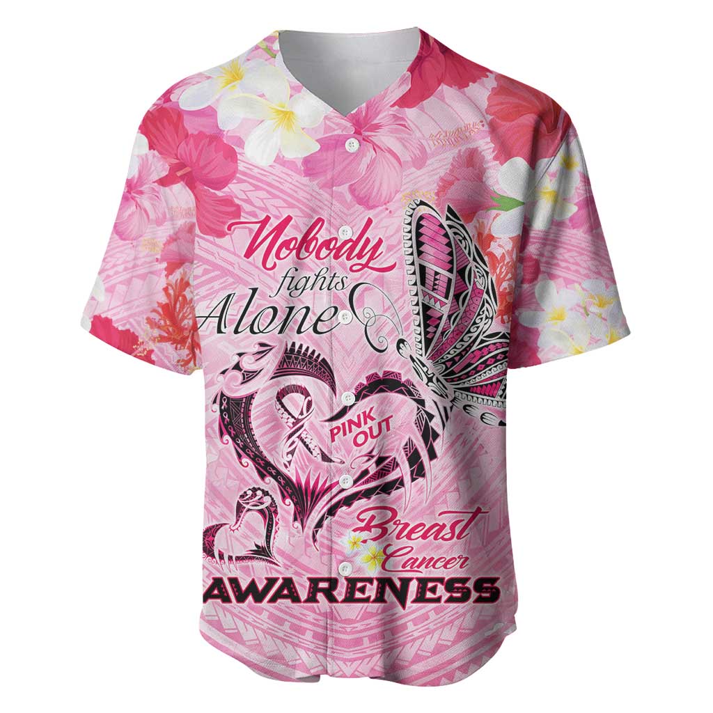 Butterfly Polynesia Breast Cancer Baseball Jersey Nobody Fights Alone Pink Out Tropical Hibiscus