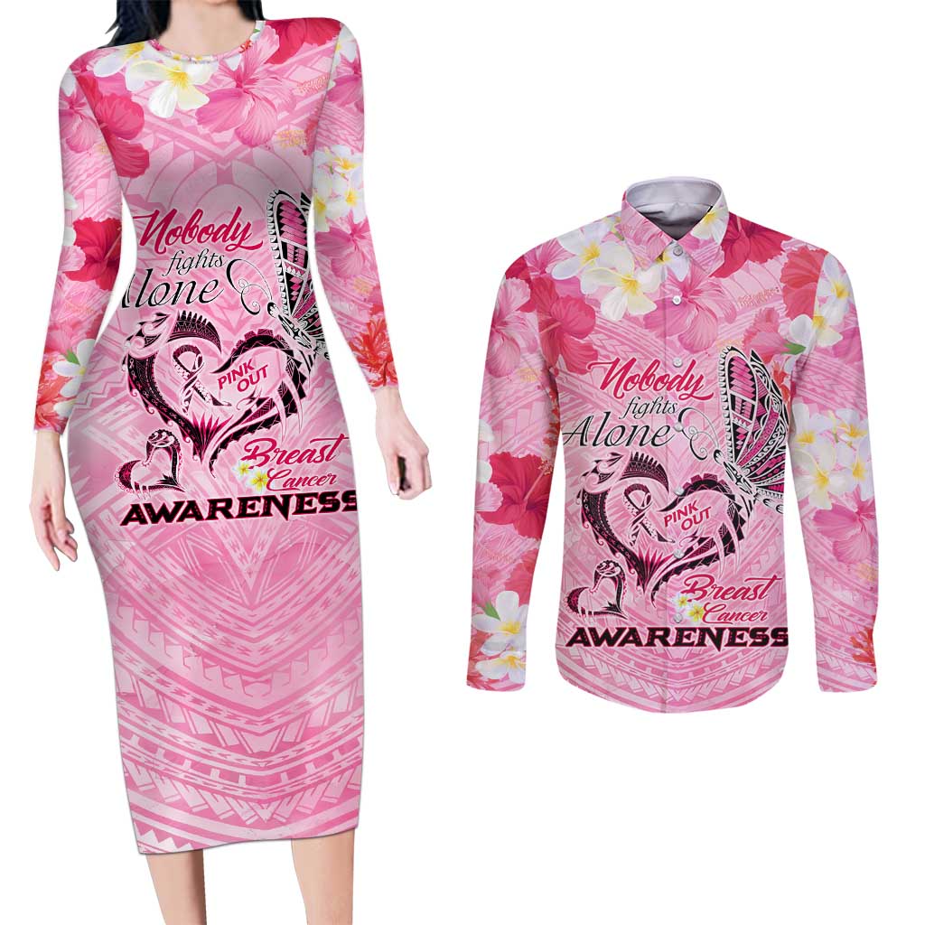Butterfly Polynesia Breast Cancer Couples Matching Long Sleeve Bodycon Dress and Long Sleeve Button Shirt Nobody Fights Alone Pink Out Tropical Hibiscus DT02 Pink - Polynesian Pride
