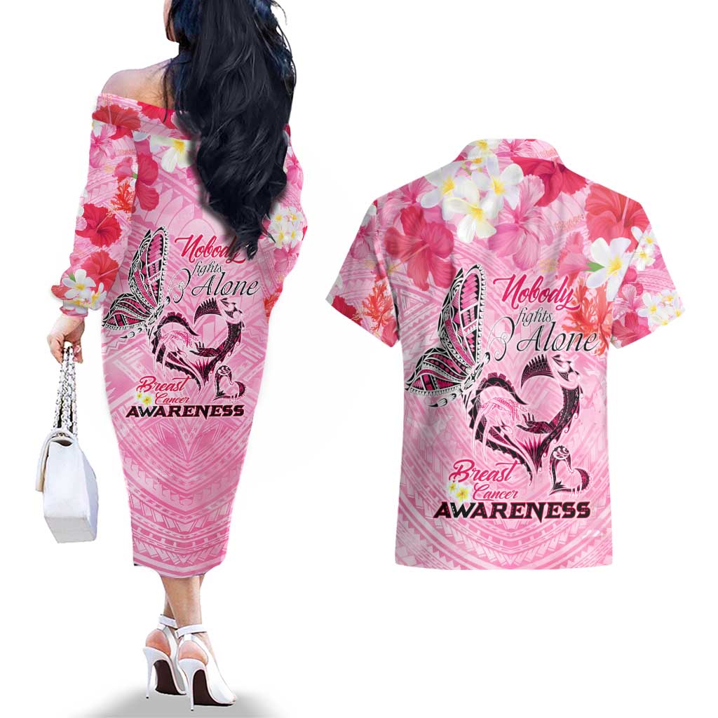 Butterfly Polynesia Breast Cancer Couples Matching Off The Shoulder Long Sleeve Dress and Hawaiian Shirt Nobody Fights Alone Pink Out Tropical Hibiscus