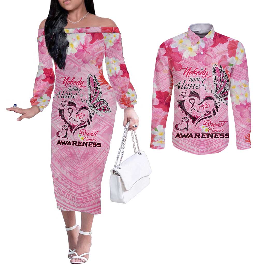 Butterfly Polynesia Breast Cancer Couples Matching Off The Shoulder Long Sleeve Dress and Long Sleeve Button Shirt Nobody Fights Alone Pink Out Tropical Hibiscus DT02 Pink - Polynesian Pride