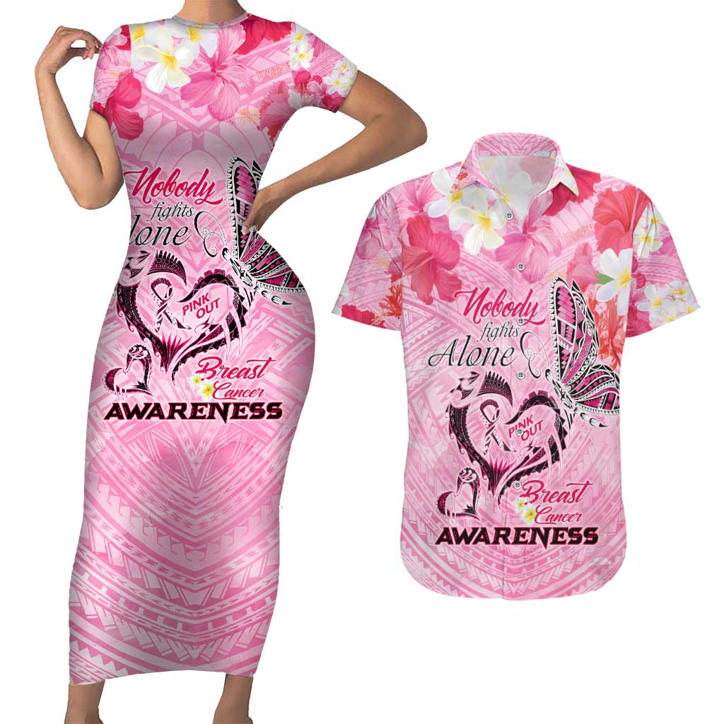 Butterfly Polynesia Breast Cancer Couples Matching Short Sleeve Bodycon Dress and Hawaiian Shirt Nobody Fights Alone Pink Out Tropical Hibiscus
