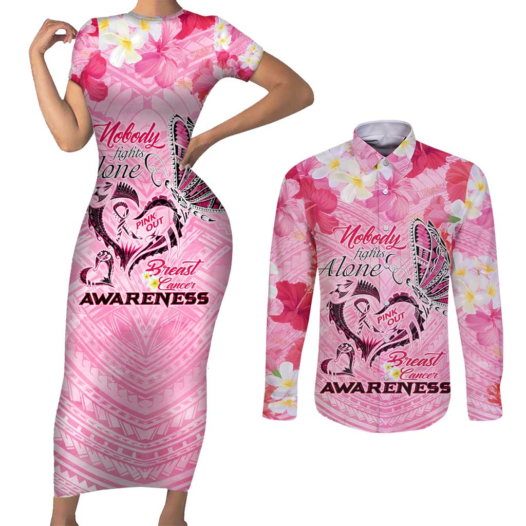 Butterfly Polynesia Breast Cancer Couples Matching Short Sleeve Bodycon Dress and Long Sleeve Button Shirt Nobody Fights Alone Pink Out Tropical Hibiscus DT02 Pink - Polynesian Pride