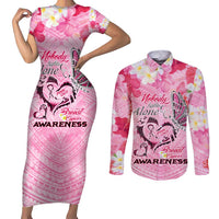 Butterfly Polynesia Breast Cancer Couples Matching Short Sleeve Bodycon Dress and Long Sleeve Button Shirt Nobody Fights Alone Pink Out Tropical Hibiscus DT02 Pink - Polynesian Pride