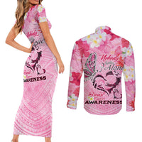 Butterfly Polynesia Breast Cancer Couples Matching Short Sleeve Bodycon Dress and Long Sleeve Button Shirt Nobody Fights Alone Pink Out Tropical Hibiscus DT02 - Polynesian Pride