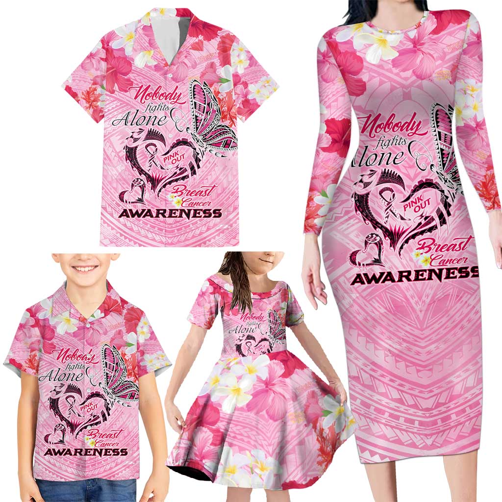 Butterfly Polynesia Breast Cancer Family Matching Long Sleeve Bodycon Dress and Hawaiian Shirt Nobody Fights Alone Pink Out Tropical Hibiscus DT02 - Polynesian Pride