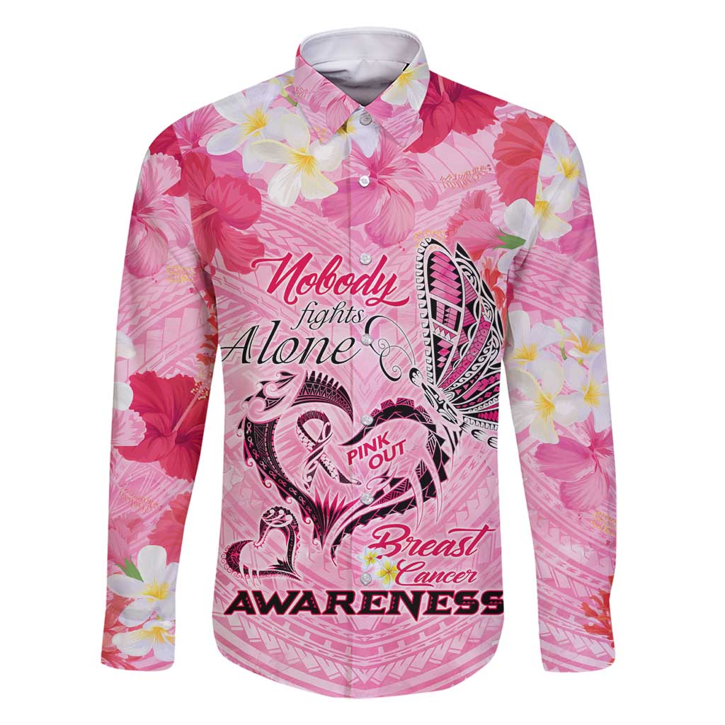 Butterfly Polynesia Breast Cancer Family Matching Long Sleeve Bodycon Dress and Hawaiian Shirt Nobody Fights Alone Pink Out Tropical Hibiscus DT02 Dad's Shirt - Long Sleeve Pink - Polynesian Pride