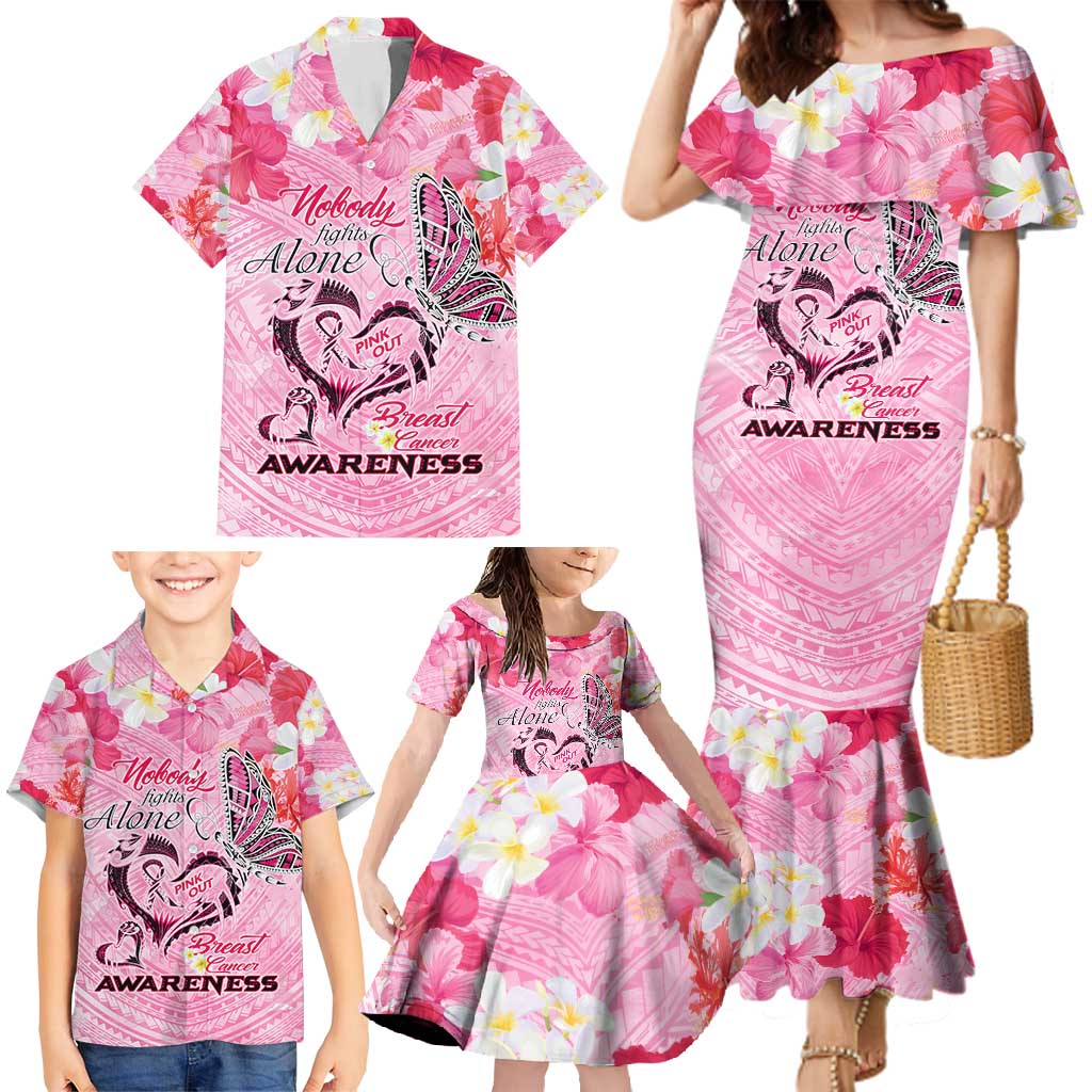 Butterfly Polynesia Breast Cancer Family Matching Mermaid Dress and Hawaiian Shirt Nobody Fights Alone Pink Out Tropical Hibiscus DT02 - Polynesian Pride