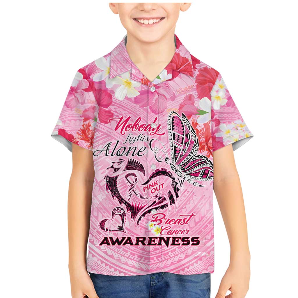 Butterfly Polynesia Breast Cancer Family Matching Mermaid Dress and Hawaiian Shirt Nobody Fights Alone Pink Out Tropical Hibiscus DT02 Son's Shirt Pink - Polynesian Pride