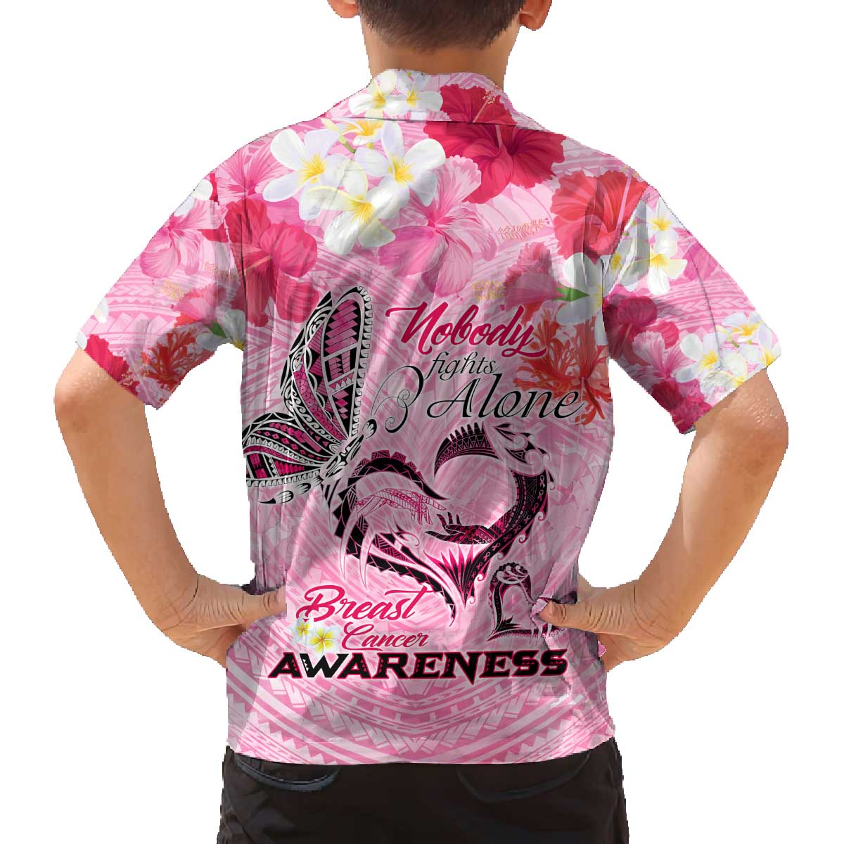 Butterfly Polynesia Breast Cancer Family Matching Off The Shoulder Long Sleeve Dress and Hawaiian Shirt Nobody Fights Alone Pink Out Tropical Hibiscus DT02 - Polynesian Pride