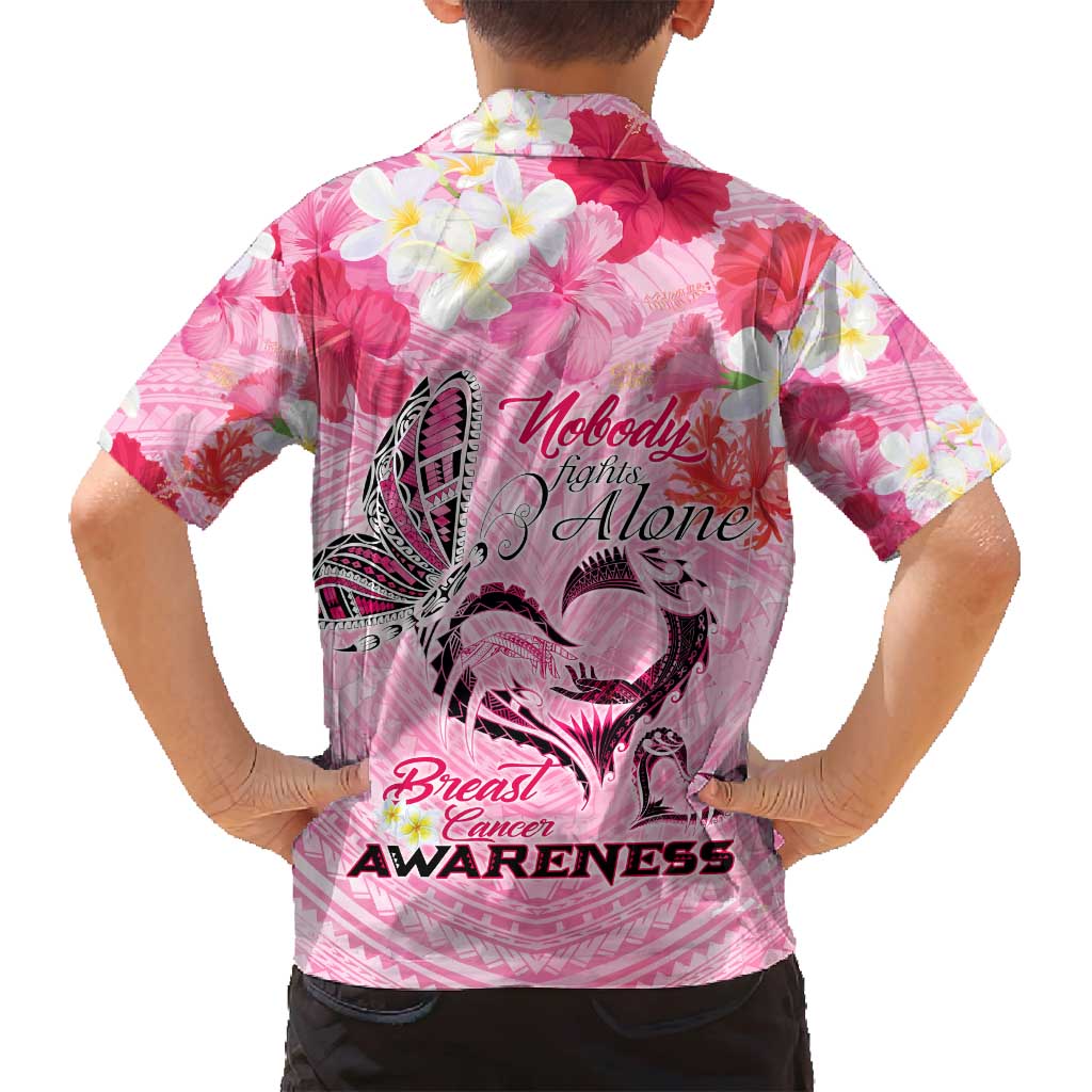 Butterfly Polynesia Breast Cancer Family Matching Puletasi and Hawaiian Shirt Nobody Fights Alone Pink Out Tropical Hibiscus DT02 - Polynesian Pride