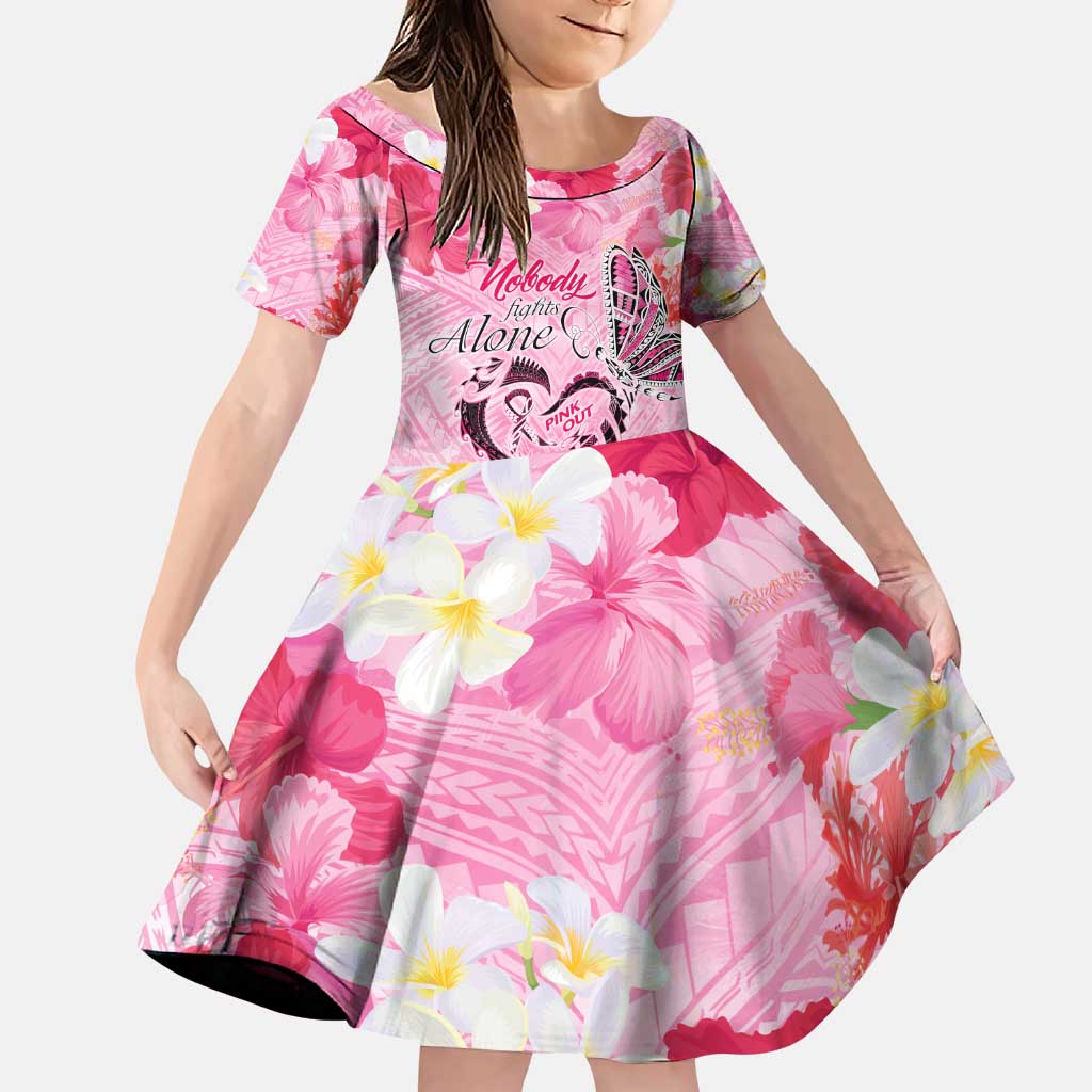 Butterfly Polynesia Breast Cancer Family Matching Puletasi and Hawaiian Shirt Nobody Fights Alone Pink Out Tropical Hibiscus DT02 Daughter's Dress Pink - Polynesian Pride