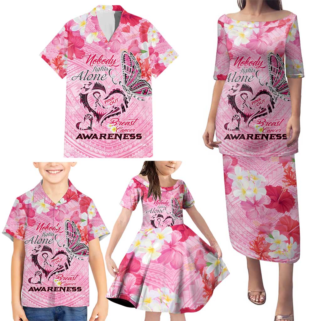 Butterfly Polynesia Breast Cancer Family Matching Puletasi and Hawaiian Shirt Nobody Fights Alone Pink Out Tropical Hibiscus DT02 - Polynesian Pride