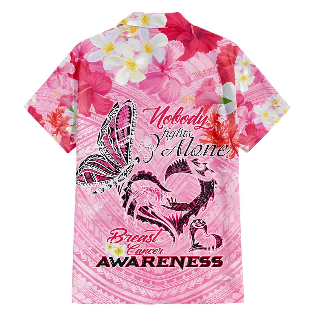 Butterfly Polynesia Breast Cancer Family Matching Puletasi and Hawaiian Shirt Nobody Fights Alone Pink Out Tropical Hibiscus DT02 - Polynesian Pride