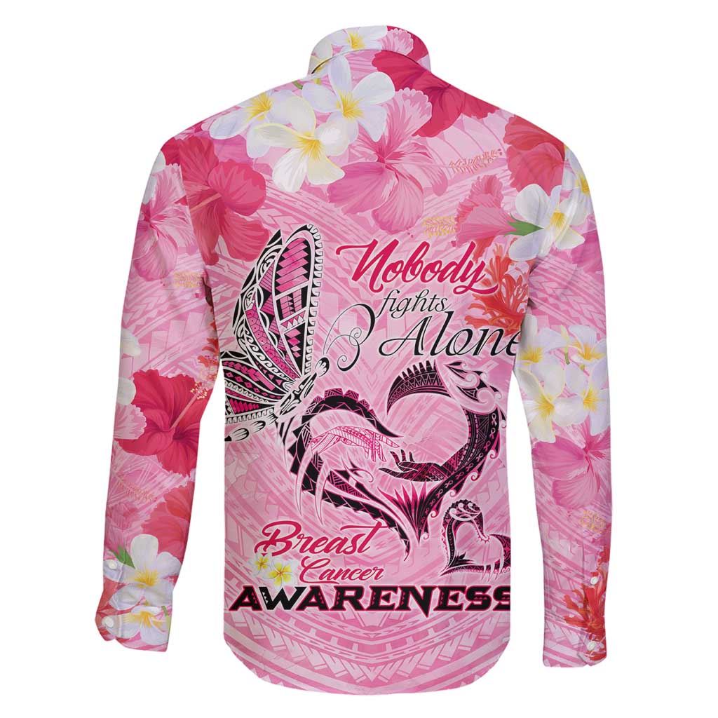Butterfly Polynesia Breast Cancer Family Matching Puletasi and Hawaiian Shirt Nobody Fights Alone Pink Out Tropical Hibiscus DT02 - Polynesian Pride