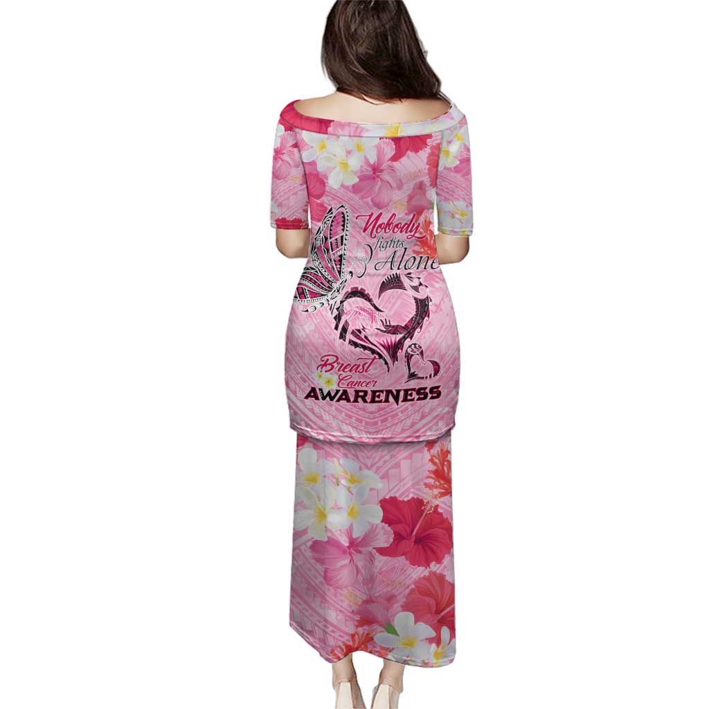 Butterfly Polynesia Breast Cancer Family Matching Puletasi and Hawaiian Shirt Nobody Fights Alone Pink Out Tropical Hibiscus DT02 - Polynesian Pride