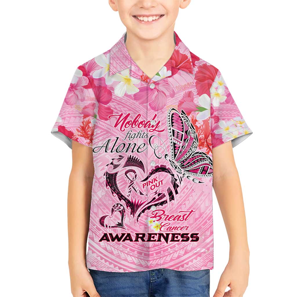 Butterfly Polynesia Breast Cancer Family Matching Puletasi and Hawaiian Shirt Nobody Fights Alone Pink Out Tropical Hibiscus DT02 Son's Shirt Pink - Polynesian Pride