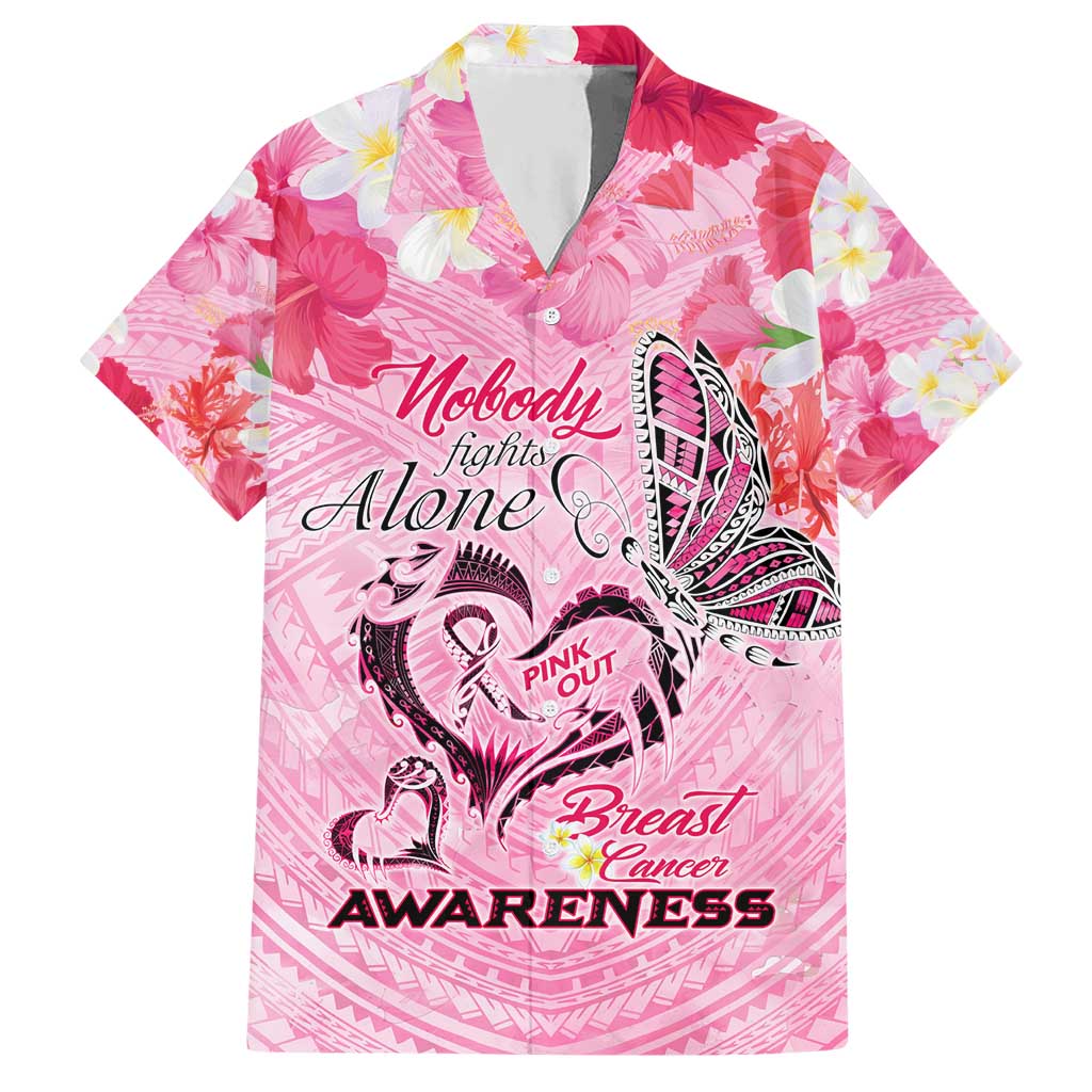 Butterfly Polynesia Breast Cancer Hawaiian Shirt Nobody Fights Alone Pink Out Tropical Hibiscus