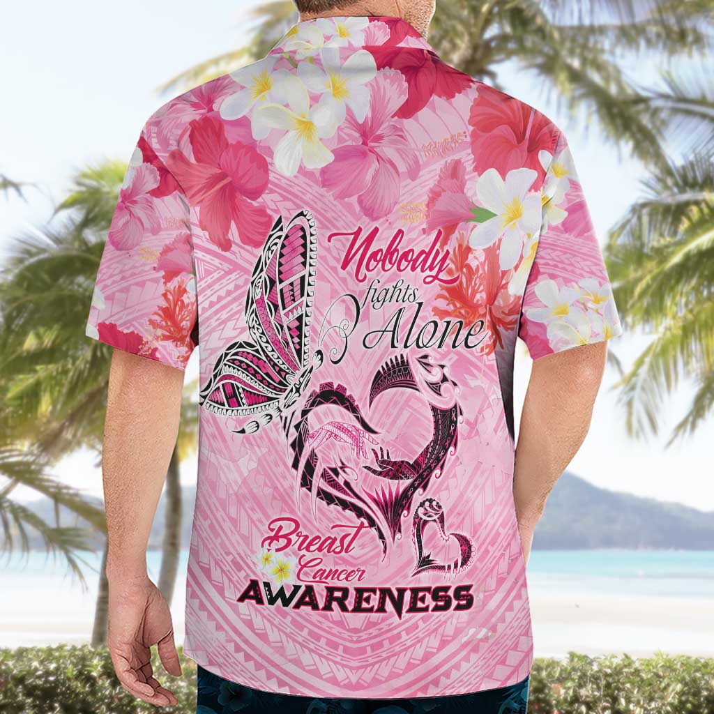 Butterfly Polynesia Breast Cancer Hawaiian Shirt Nobody Fights Alone Pink Out Tropical Hibiscus