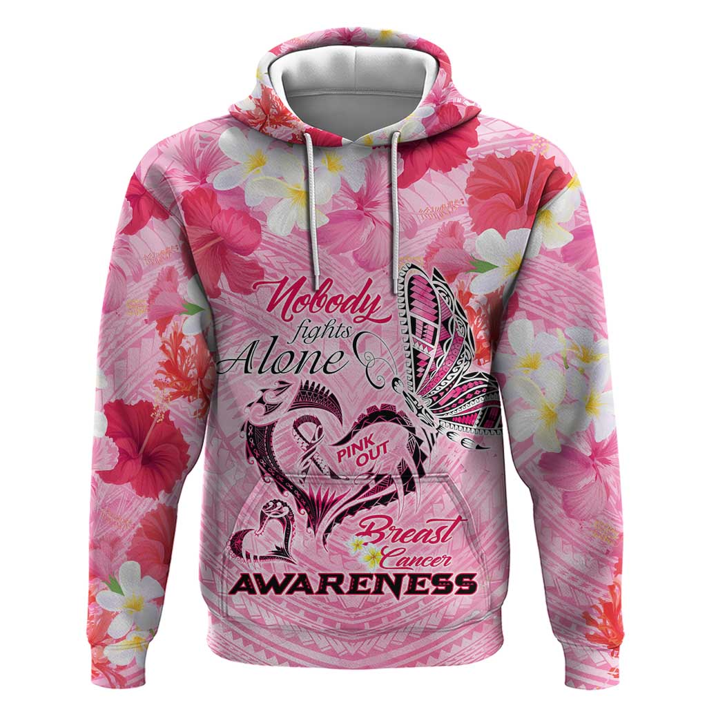 Butterfly Polynesia Breast Cancer Hoodie Nobody Fights Alone Pink Out Tropical Hibiscus