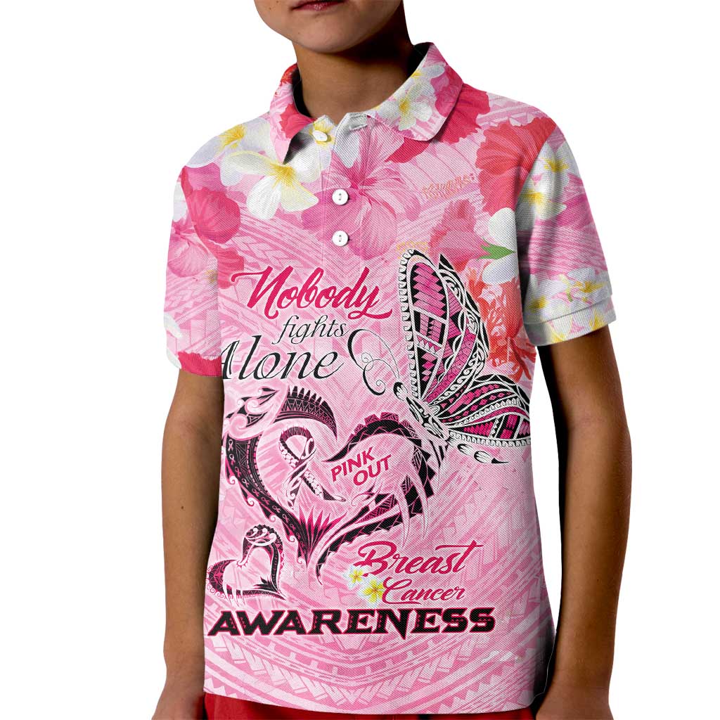 Butterfly Polynesia Breast Cancer Kid Polo Shirt Nobody Fights Alone Pink Out Tropical Hibiscus