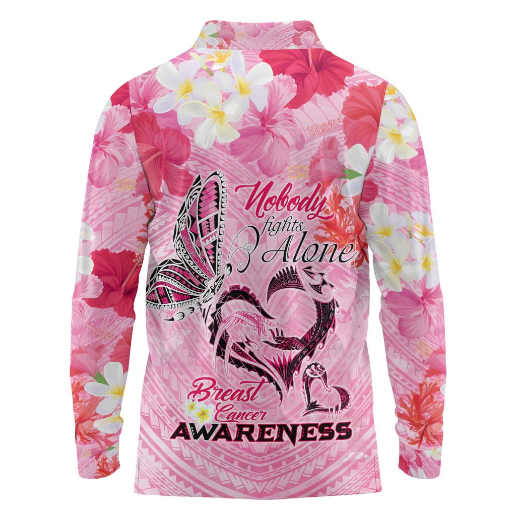 Butterfly Polynesia Breast Cancer Long Sleeve Polo Shirt Nobody Fights Alone Pink Out Tropical Hibiscus