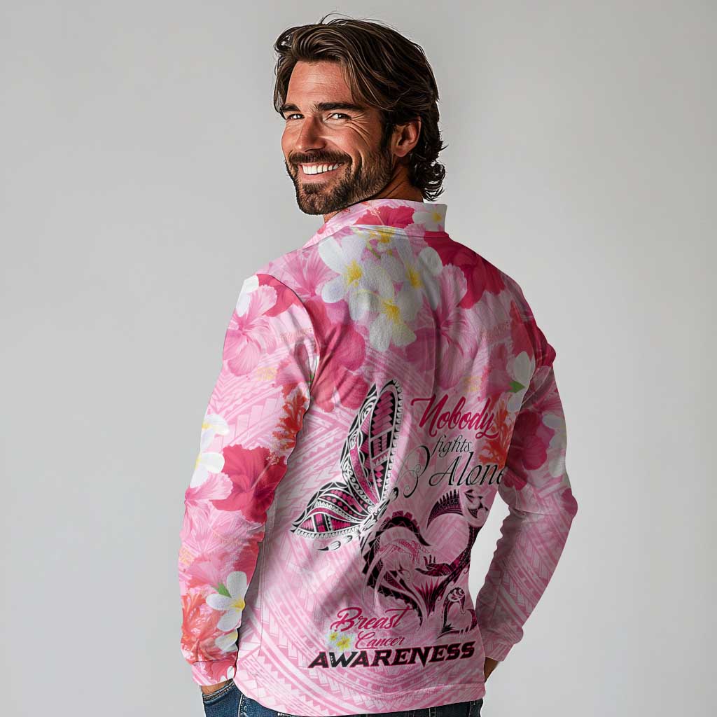 Butterfly Polynesia Breast Cancer Long Sleeve Polo Shirt Nobody Fights Alone Pink Out Tropical Hibiscus
