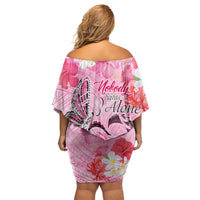 Butterfly Polynesia Breast Cancer Off Shoulder Short Dress Nobody Fights Alone Pink Out Tropical Hibiscus
