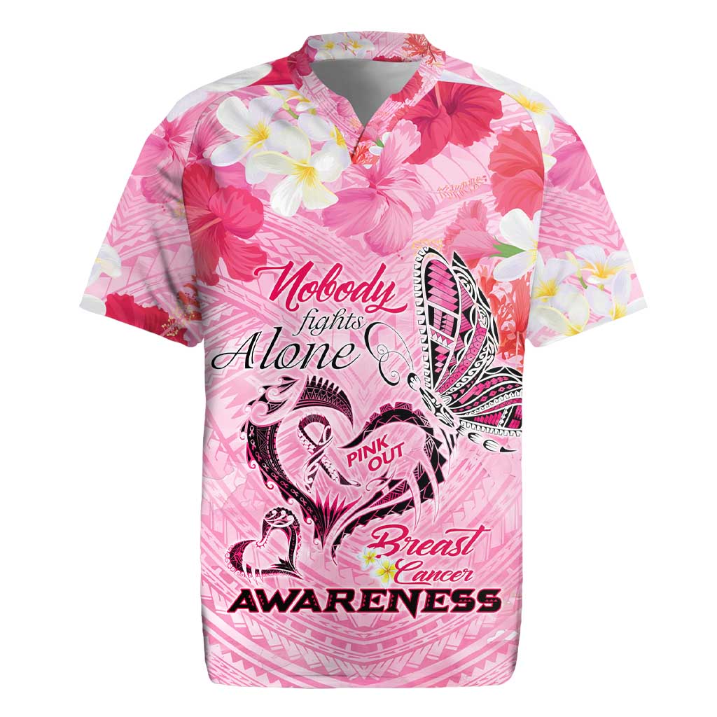 Butterfly Polynesia Breast Cancer Rugby Jersey Nobody Fights Alone Pink Out Tropical Hibiscus