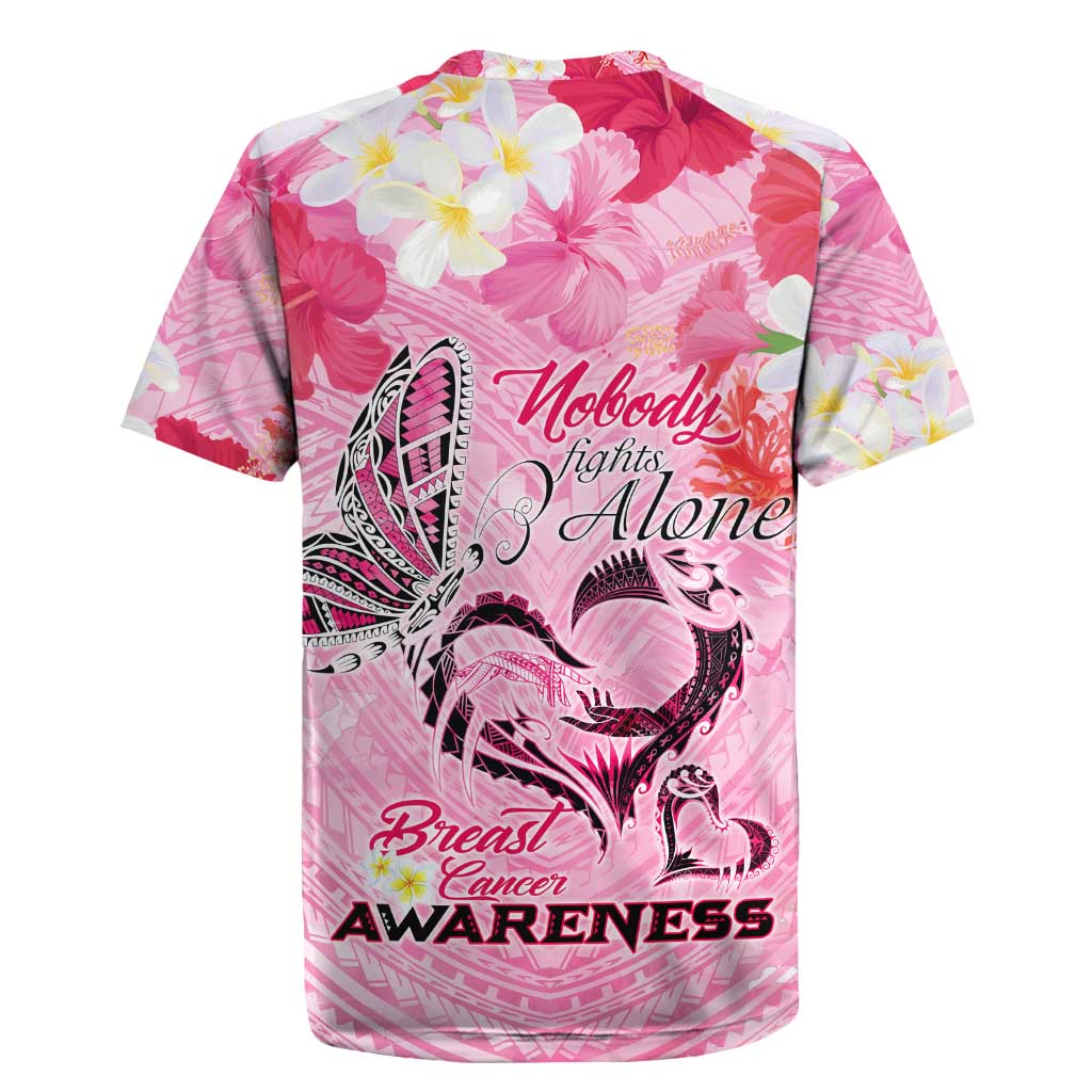 Butterfly Polynesia Breast Cancer Rugby Jersey Nobody Fights Alone Pink Out Tropical Hibiscus