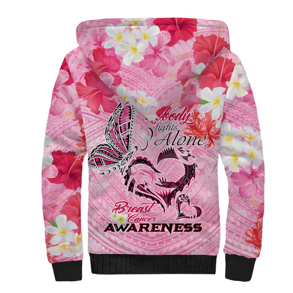 Butterfly Polynesia Breast Cancer Sherpa Hoodie Nobody Fights Alone Pink Out Tropical Hibiscus