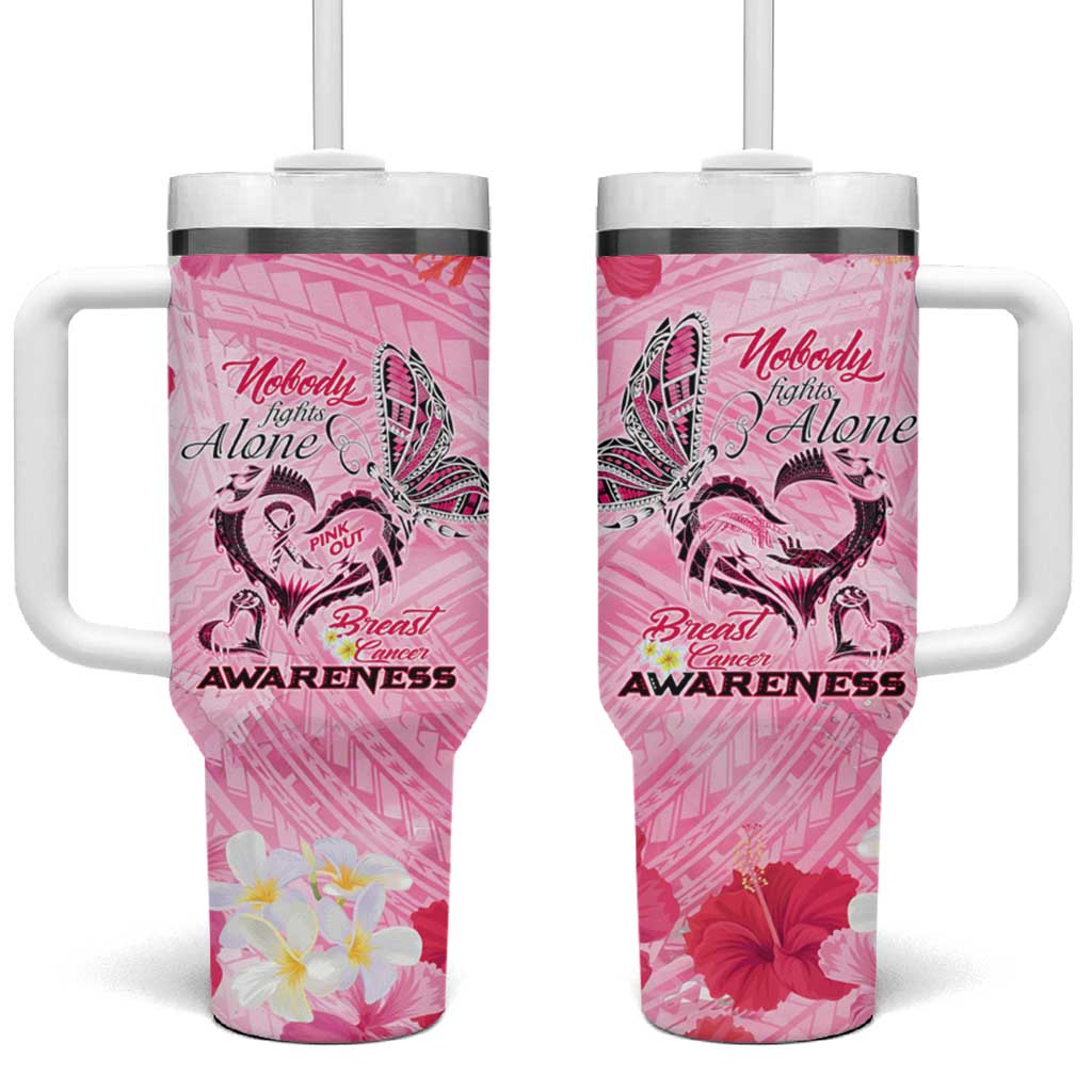 Butterfly Polynesia Breast Cancer Tumbler With Handle Nobody Fights Alone Pink Out Tropical Hibiscus
