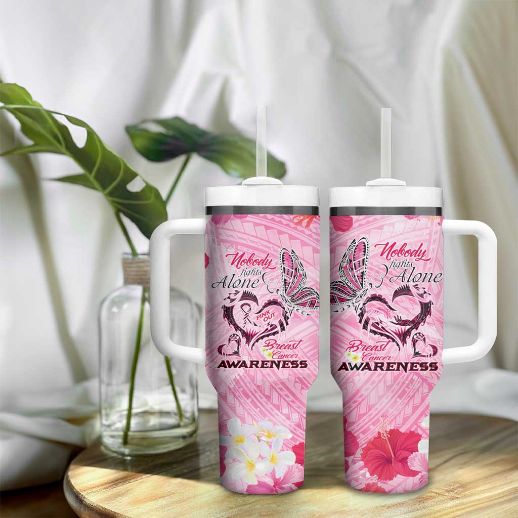 Butterfly Polynesia Breast Cancer Tumbler With Handle Nobody Fights Alone Pink Out Tropical Hibiscus