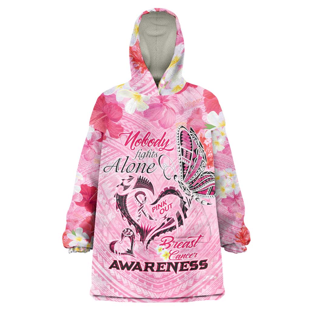 Butterfly Polynesia Breast Cancer Wearable Blanket Hoodie Nobody Fights Alone Pink Out Tropical Hibiscus