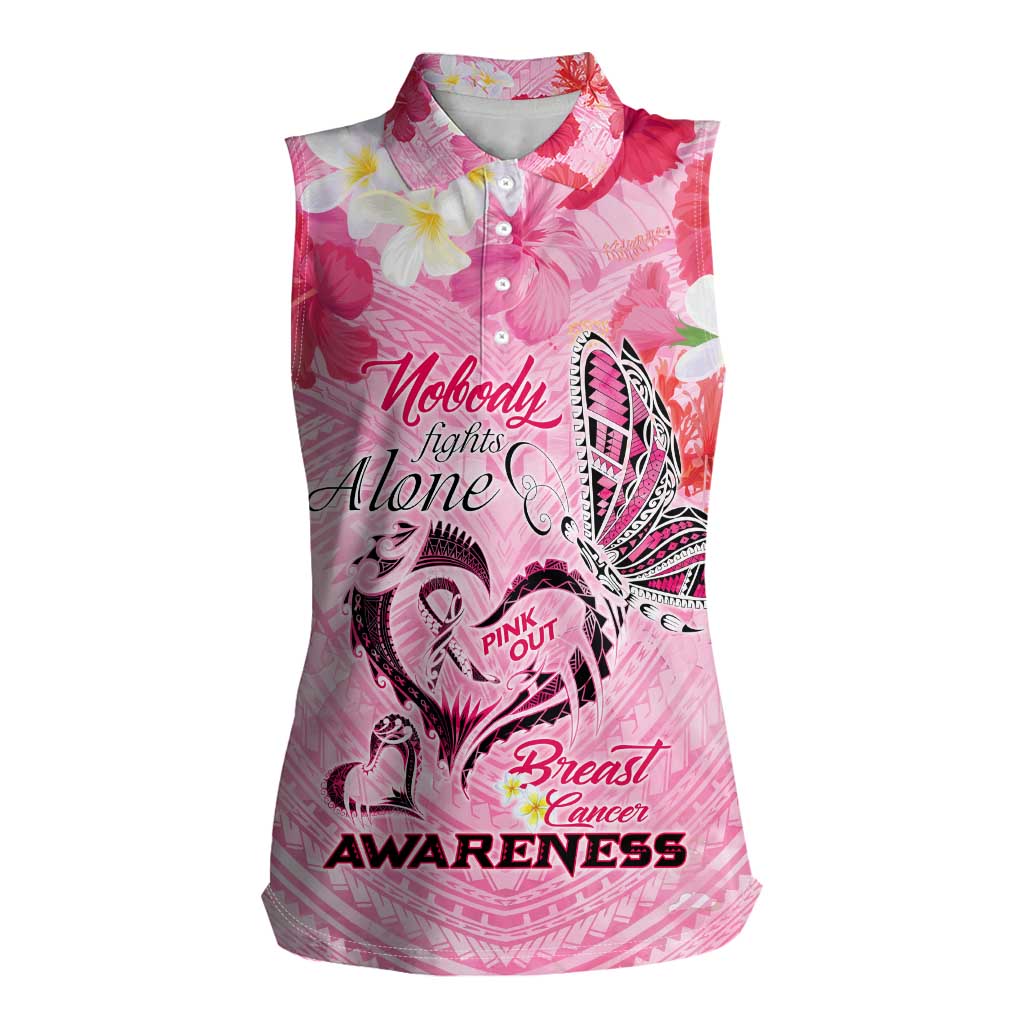 Butterfly Polynesia Breast Cancer Women Sleeveless Polo Shirt Nobody Fights Alone Pink Out Tropical Hibiscus