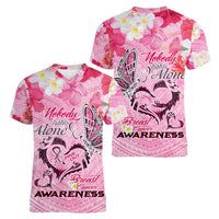 Butterfly Polynesia Breast Cancer Women V-Neck T-Shirt Nobody Fights Alone Pink Out Tropical Hibiscus