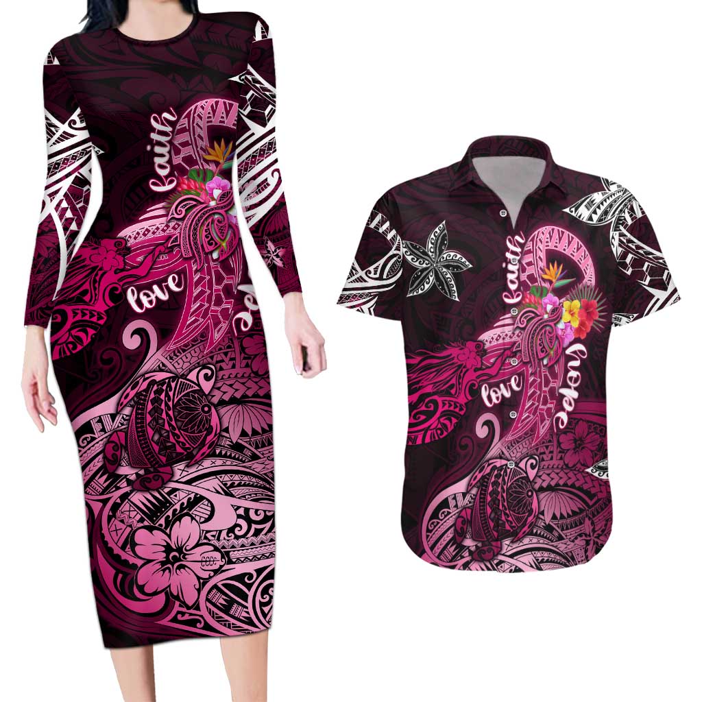 Breast Cancer Mermaid Polynesia Couples Matching Long Sleeve Bodycon Dress and Hawaiian Shirt Faith Hope Love