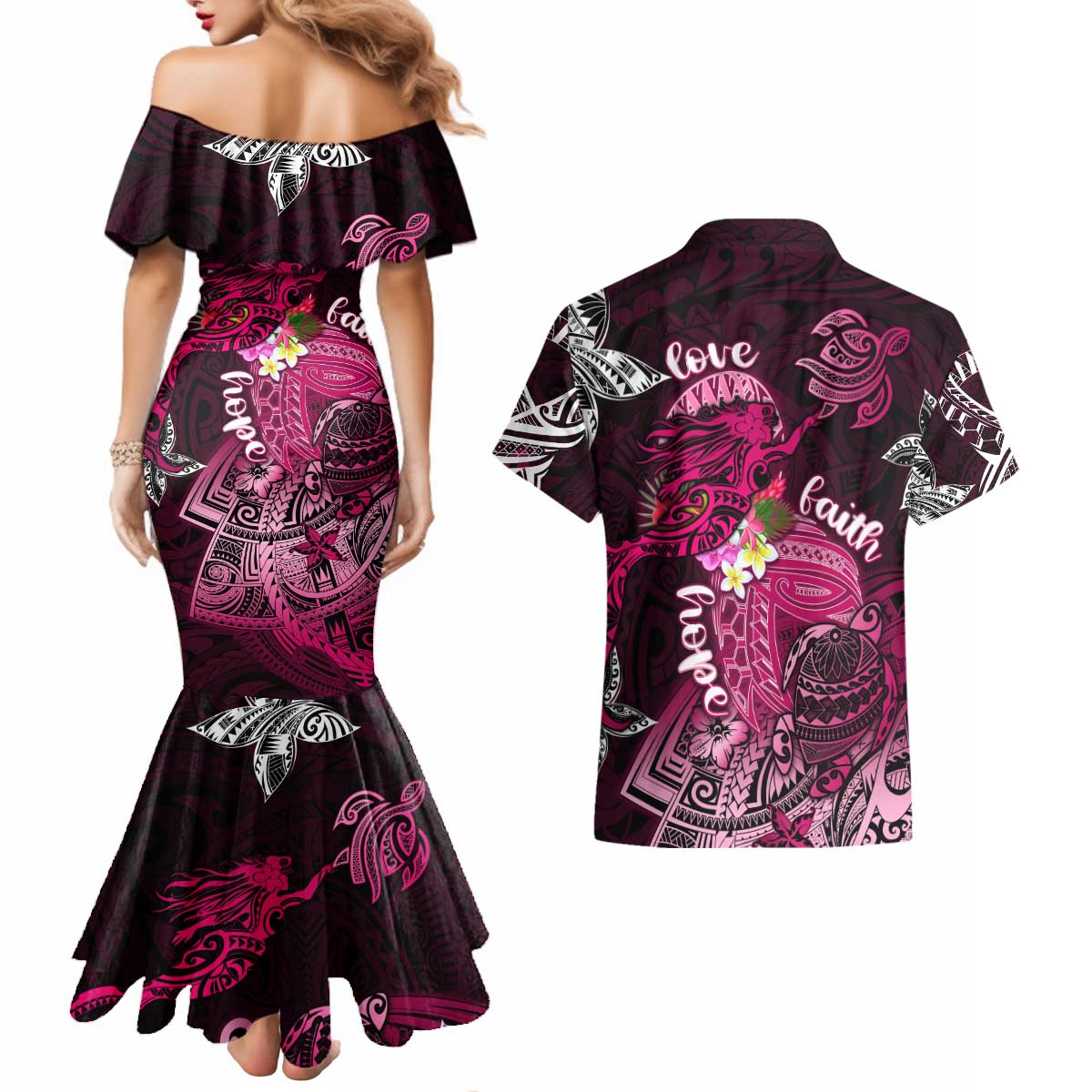 Breast Cancer Mermaid Polynesia Couples Matching Mermaid Dress and Hawaiian Shirt Faith Hope Love