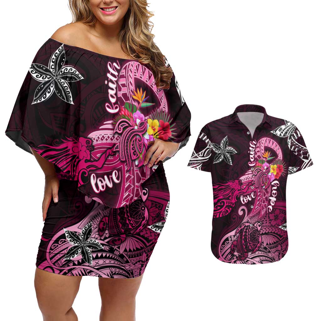 Breast Cancer Mermaid Polynesia Couples Matching Off Shoulder Short Dress and Hawaiian Shirt Faith Hope Love