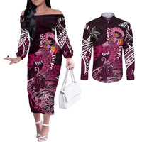 Breast Cancer Mermaid Polynesia Couples Matching Off The Shoulder Long Sleeve Dress and Long Sleeve Button Shirt Faith Hope Love DT02 Pink - Polynesian Pride