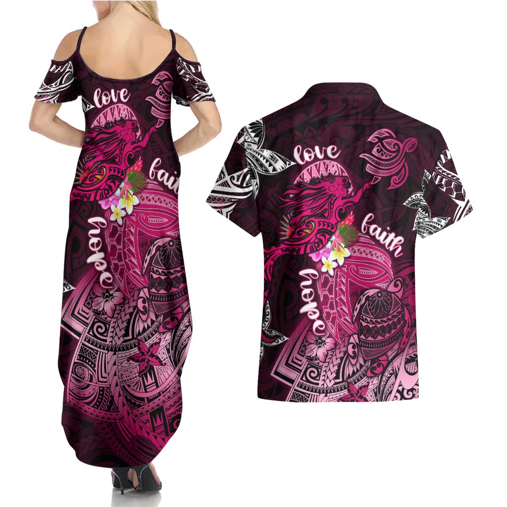 Breast Cancer Mermaid Polynesia Couples Matching Summer Maxi Dress and Hawaiian Shirt Faith Hope Love