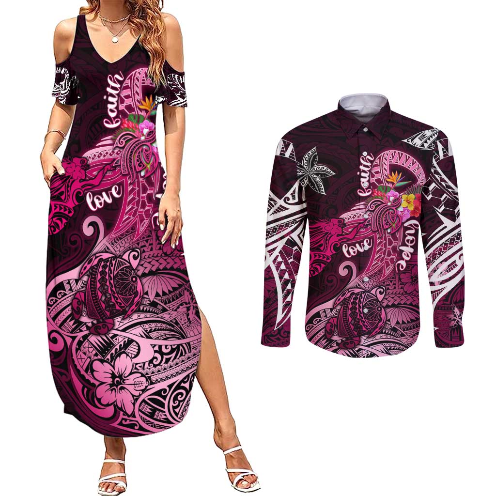 Breast Cancer Mermaid Polynesia Couples Matching Summer Maxi Dress and Long Sleeve Button Shirt Faith Hope Love DT02 Pink - Polynesian Pride