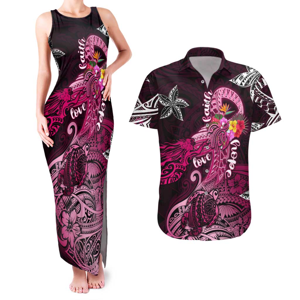 Breast Cancer Mermaid Polynesia Couples Matching Tank Maxi Dress and Hawaiian Shirt Faith Hope Love