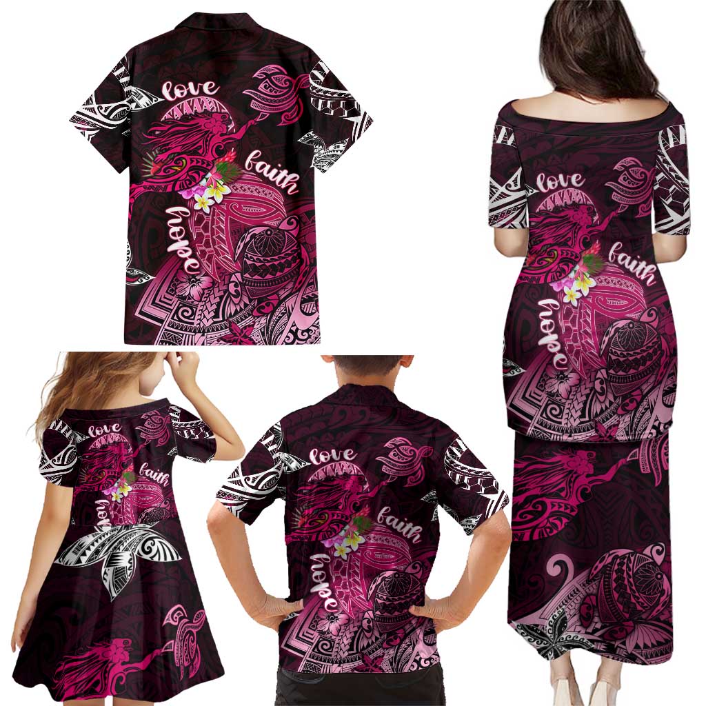 Breast Cancer Mermaid Polynesia Family Matching Puletasi and Hawaiian Shirt Faith Hope Love DT02 - Polynesian Pride